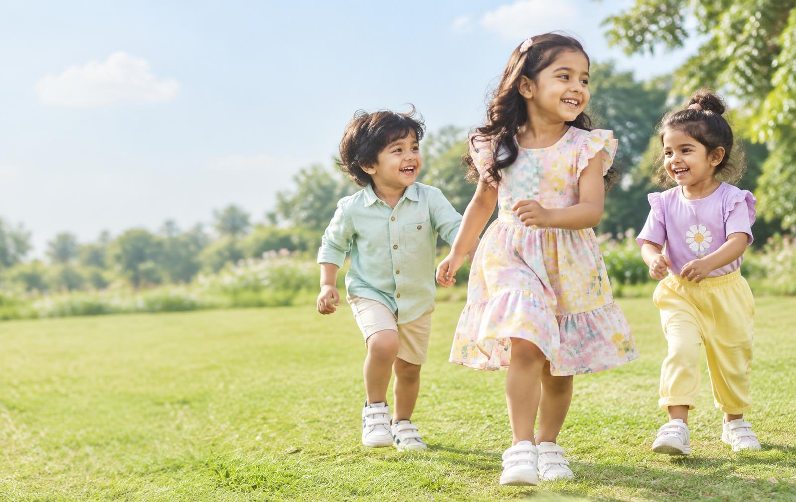 Three happy children in colourful outfits running in a sunny park